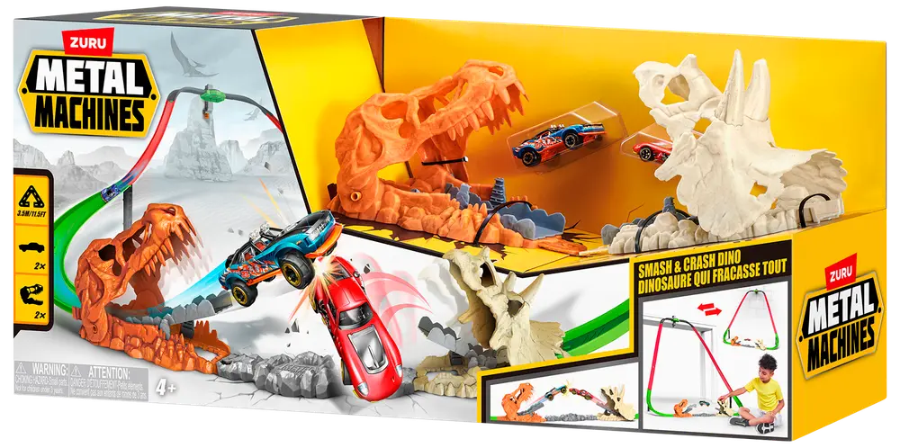 Zuru Metal Machines Smash & Crash Dino lekset med dinosaurieskelettbana, två leksaksbilar och startramp. För barn från 4 år. Innehåller interaktiva dinosauriefunktioner.