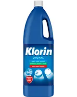 Stor blå flaske Klorin Original desinfektionsmiddel og blegemiddel med hvidt låg og hank, velegnet til rengøring, desinfektion og blegning af forskellige overflader i hjemmet.