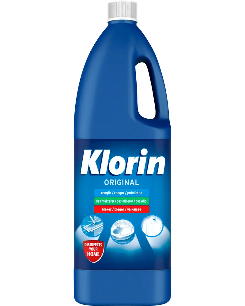 Stor blå flaske Klorin Original desinfektionsmiddel og blegemiddel med hvidt låg og hank, velegnet til rengøring, desinfektion og blegning af forskellige overflader i hjemmet.