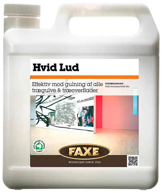 Plastdunk med FAXE Hvid Lud til behandling af trægulve og træoverflader mod gulning. Med håndtag, skruelåg og etiket med produktinformation.