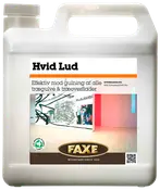 Plastdunk med FAXE Hvid Lud til behandling af trægulve og træoverflader mod gulning. Med håndtag, skruelåg og etiket med produktinformation.