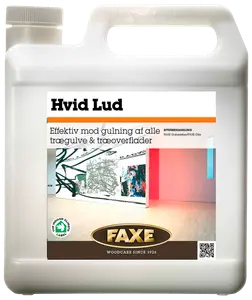 Plastdunk med FAXE Hvid Lud til behandling af trægulve og træoverflader mod gulning. Med håndtag, skruelåg og etiket med produktinformation.