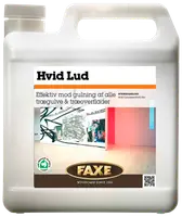Plastdunk med FAXE Hvid Lud til behandling af trægulve og træoverflader mod gulning. Med håndtag, skruelåg og etiket med produktinformation.