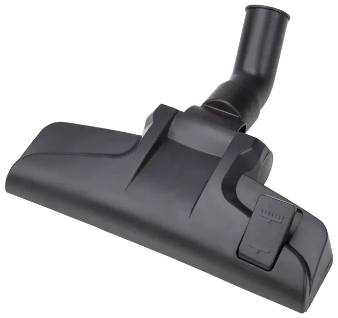 Sort støvsuger gulvdyse med justerbar børste, bredt rektangulært hoved og vinkelrør til montering på støvsugerslange. Velegnet til tæpper og hårde gulve.
