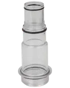 Klar plastadapter med gängad bas och två svarta O-ringar, avsedd för att koppla ihop slangar eller rör i olika storlekar. Tåligt, transparent material.