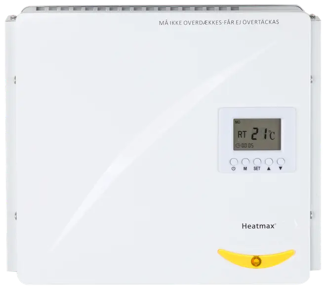 Hvid elektrisk vægvarmer med digitalt display, kontrolknapper og gul detalje. Viser temperatur og indstillinger. Kompakt, moderne design til hjem eller kontor.