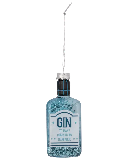 Blå glitrende julepynt formet som en ginflaske med sølv snor og mærkat med teksten 'GIN TO MAKE CHRISTMAS BEARABLE.' Dekorativ og festlig.