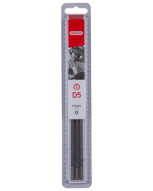 Oregon D5 4,8 mm 3/16-tommer motorsavfil sæt i gennemsigtig blisterpakning med rød og grå etiket.