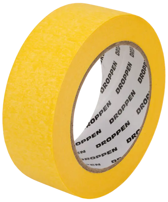 Gul klæbebåndsrulle med glat overflade, mellem bredde og "DROPPEN" mærkning på inderkernen. Velegnet til almindelig brug, pakning eller afdækning.