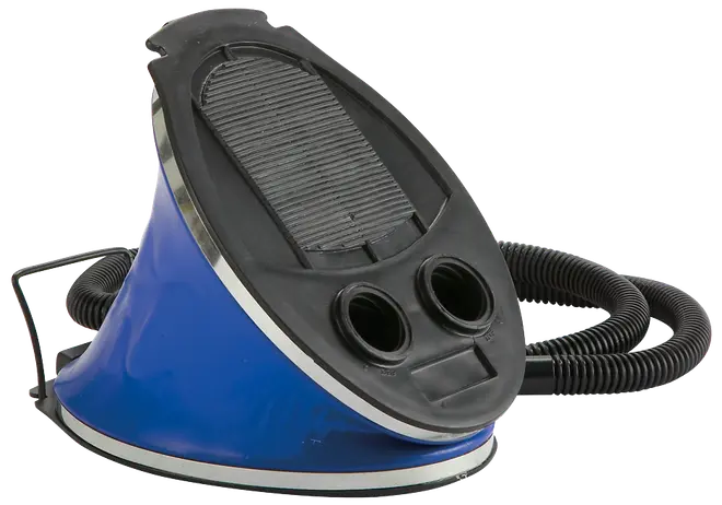 Elektrisk sko- og støvletørrer med to luftudgange, rillet tørreflade og blå plastkrop. Tørrer fodtøj effektivt med varm luft. Medfølger strømledning og slange.