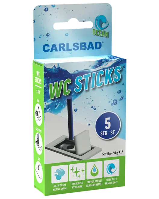 Carlsbad Ocean WC Sticks, förpackning med 5 toalettstavar. Ger aktivt skum, hygienisk rengöring, färgar vattnet och fräsch doft. För ren och fräsch toalett.