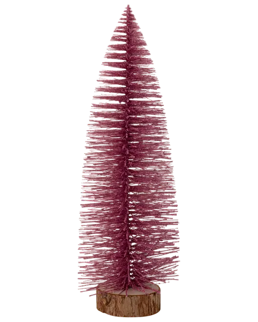 Rosa flaskborst-julgran med glitter, konformad, på en bas av träskiva. Dekorativt bordsprydnad, perfekt för juldekoration eller heminredning.