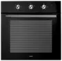 Svart inbyggnadsugn med tre reglage för funktioner, temperatur och timer. Stor glaslucka med horisontella linjer och robust silverhandtag. Märke: Wasco.