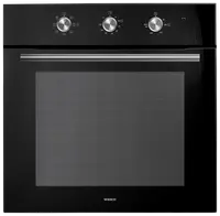 Sort indbygningsovn med tre betjeningsknapper til funktioner, temperatur og timer. Stor glaslåge med vandrette linjer og solidt sølvhåndtag. Mærke: Wasco.