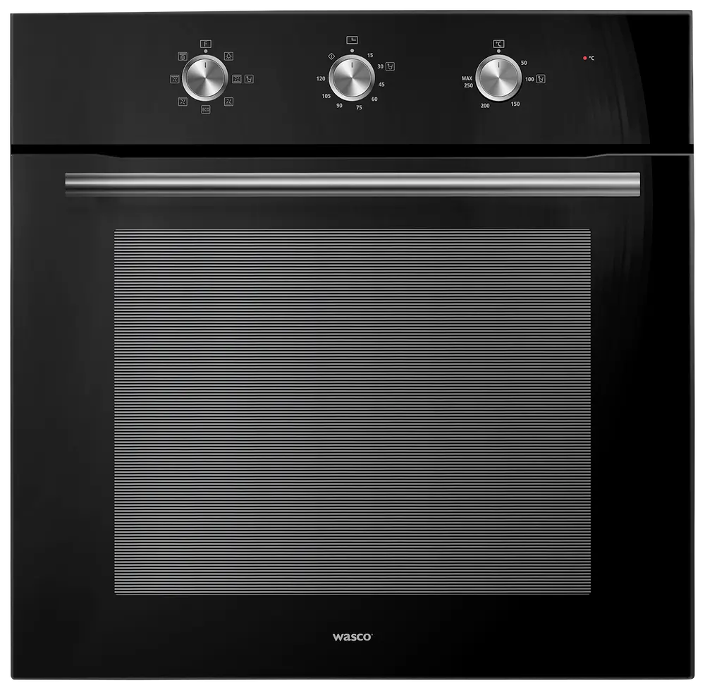 Sort indbygningsovn med tre betjeningsknapper til funktioner, temperatur og timer. Stor glaslåge med vandrette linjer og solidt sølvhåndtag. Mærke: Wasco.