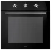 Svart inbyggnadsugn med tre reglage för funktioner, temperatur och timer. Stor glaslucka med horisontella linjer och robust silverhandtag. Märke: Wasco.