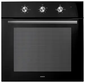 Sort indbygningsovn med tre betjeningsknapper til funktioner, temperatur og timer. Stor glaslåge med vandrette linjer og solidt sølvhåndtag. Mærke: Wasco.
