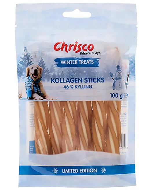 Chriso Winter Treats hundesnack med kollagensticks, 46% kylling, 100 g, limited edition.