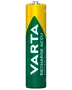 Varta uppladdningsbart AAA-batteri, Ni-MH, 1,2V, 800mAh kapacitet. Cylindrisk form med grön och gul etikett, vit text. Passar elektroniska enheter med AAA-batterier.