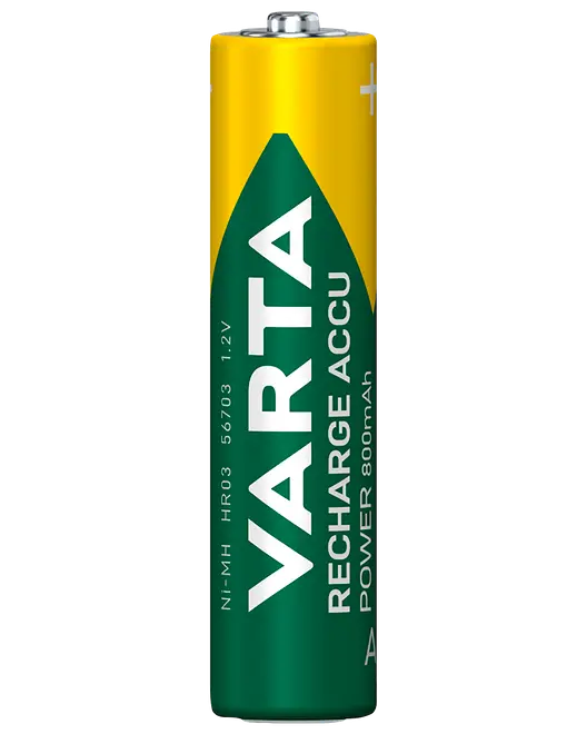Varta uppladdningsbart AAA-batteri, Ni-MH, 1,2V, 800mAh kapacitet. Cylindrisk form med grön och gul etikett, vit text. Passar elektroniska enheter med AAA-batterier.