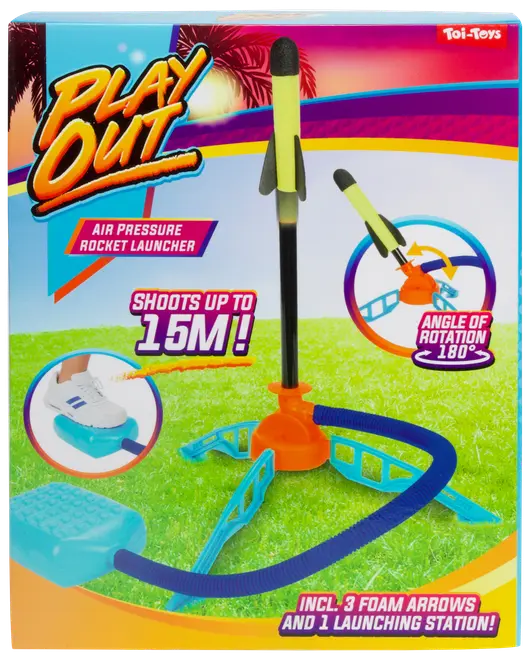 Lufttrycksdriven raketleksak med tre skumraketer och en avfyrningsstation. Skjuter upp till 15 meter, 180 graders justerbar rotation, passar utomhuslek.