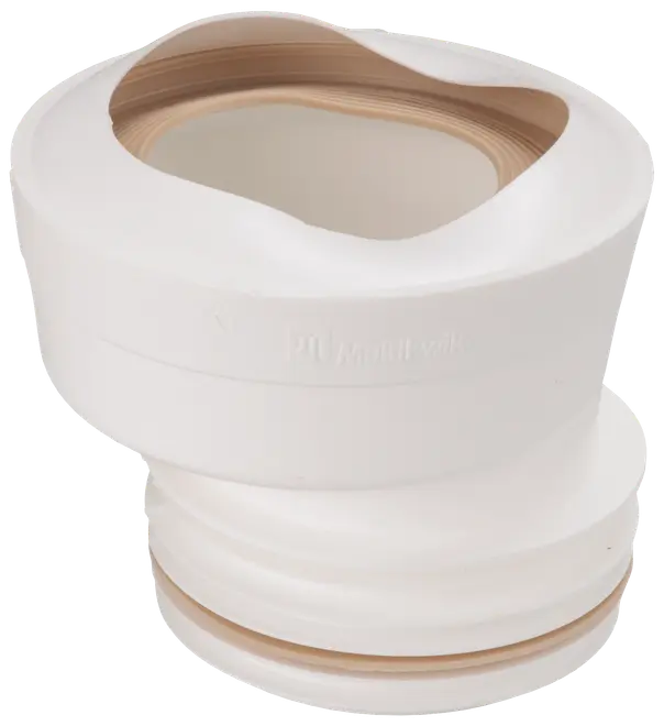 Vit flexibel toalettanslutning med gummitätning, avsedd för att koppla toalett till avloppsrör. Tillverkad i slitstark plast, passar olika installationsvinklar.