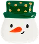 Keramiktallrik formad som en snögubbes ansikte med grön hatt och gula prickar, svarta ögon, orange morotsnäsa och ett litet leende. Festlig design för julen.