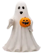 Halloween-dekoration med vit spökfigur som håller en leende orange pumpa med svarta ögon och tänder. Tillverkad av slätt material, för inomhus eller utomhus.