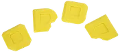 Sæt med fire gule hjørnebeskyttere i plast med firkantede fordybninger, designet til møbelkanter for børnesikring og stødabsorbering. Synlig farve og nem montering.