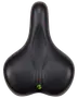 Bred, sort ergonomisk cykelsadel med ekstra polstring, konturformet for komfort og lille grønt logo bagpå. Velegnet til by- eller cruiser-cykler.