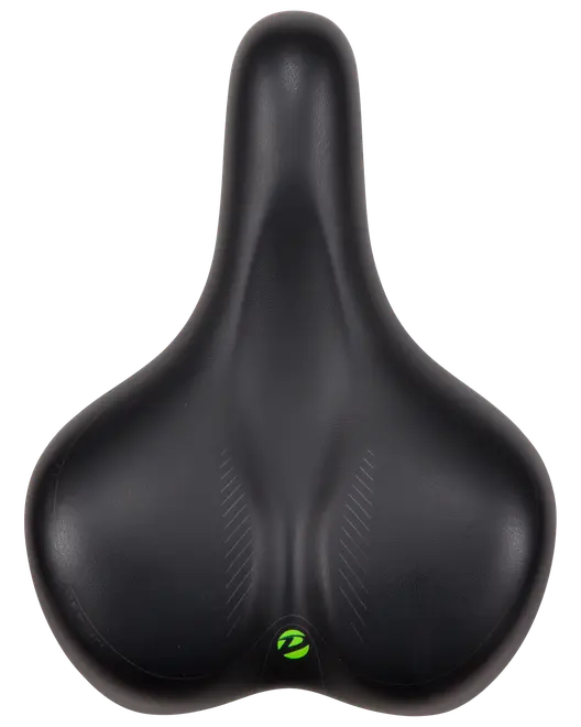 Bred, sort ergonomisk cykelsadel med ekstra polstring, konturformet for komfort og lille grønt logo bagpå. Velegnet til by- eller cruiser-cykler.