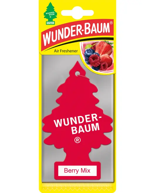 WUNDER-BAUM Berry Mix luftfrisker, træformet, klar rød farve, til bil eller små rum, giver bærduft, individuelt pakket i gul og sølv indpakning.