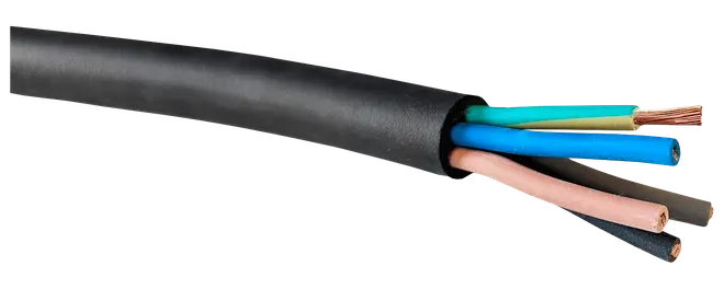 Sort flerleder-elektrisk kabel med blotlagte farvede indre ledere, inklusive blå, lyserød, grøn, brun og kobbertråde.