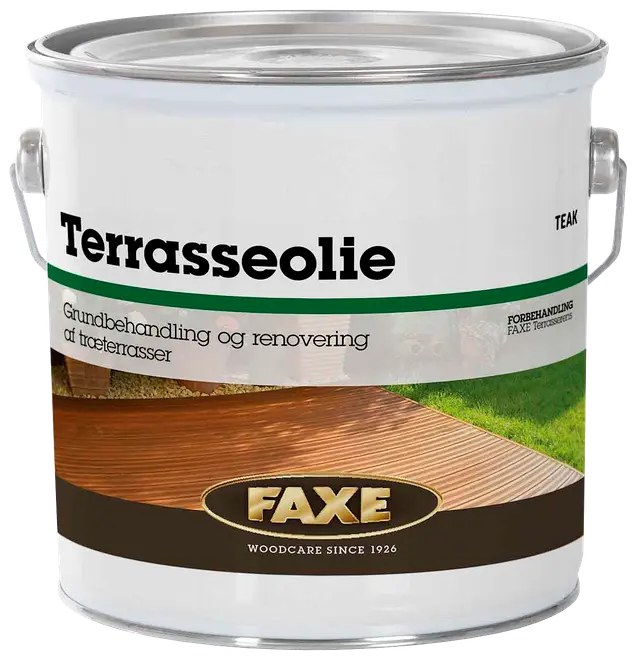 Stor metalspand med Faxe terrasseolie, teak farve, til grundbehandling og renovering af træterrasser. Med solide håndtag og tydelig mærkning for nem brug.