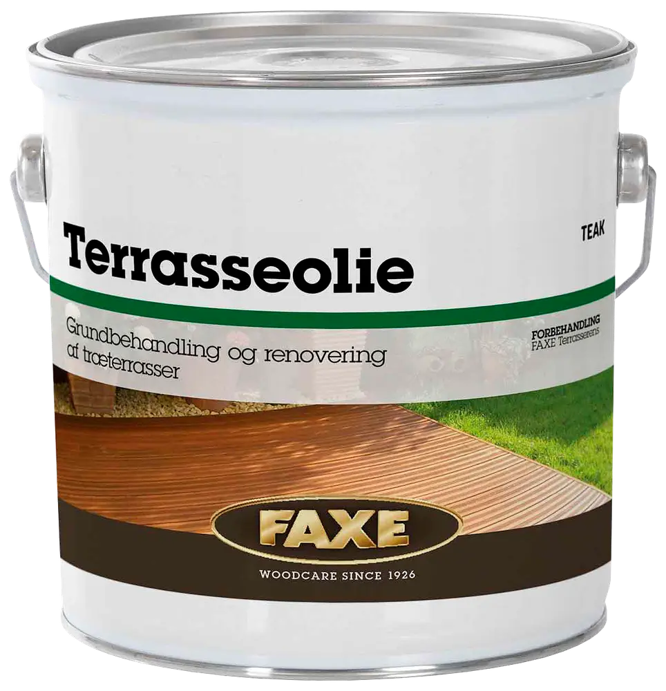 Stor metalspand med Faxe terrasseolie, teak farve, til grundbehandling og renovering af træterrasser. Med solide håndtag og tydelig mærkning for nem brug.