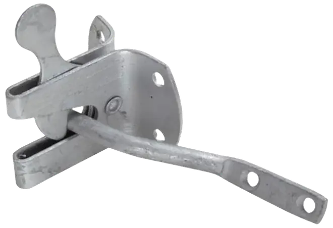 Galvaniseret stållås til port med håndtag, monteringsplade med skruehuller og enkel låsemekanisme. Velegnet til sikring af porte eller døre udendørs eller i landbrug.