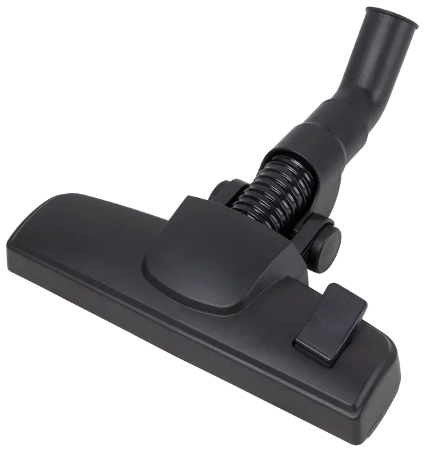 Svart dammsugarmunstycke med justerbar borste, brett rektangulärt huvud och vinklad anslutning för slang. Passar för både mattor och hårda golv.