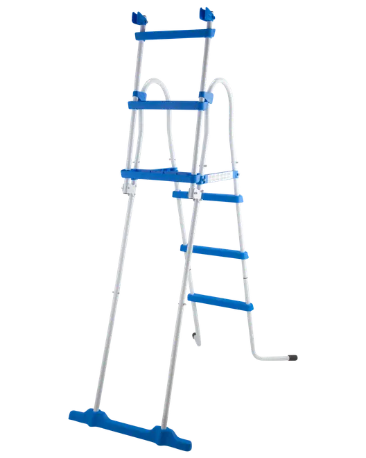 A-formad poolstege med fyra blå plaststeg på varje sida, vit metallram och handtag för säker in- och utgång i ovanmarkspooler.