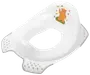 Vit plastpotträningssits med halkfria grepp och gulligt björnmotiv, passar vanliga toaletter. Lätt att rengöra och bekväm för barn.
