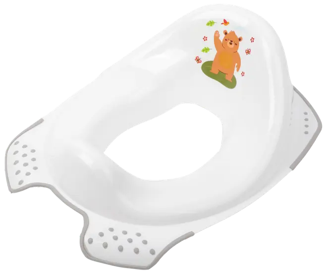 Vit plastpotträningssits med halkfria grepp och gulligt björnmotiv, passar vanliga toaletter. Lätt att rengöra och bekväm för barn.