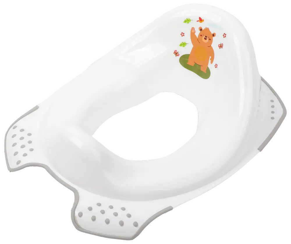 Hvid plastik toiletsæde til pottetræning med skridsikre greb og sødt bjørnemotiv, passer til standardtoiletter. Nem at rengøre og komfortabel for børn.