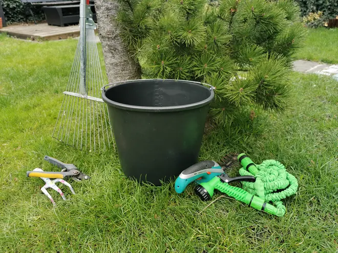 Sæt med haveredskaber: sort plastspand, metalkost, beskæresaks, håndkultivator og grøn udtrækkelig haveslange med sprøjtedyse, vist på græs ved et træ.