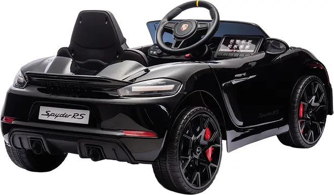 Sort Porsche Spyder RS elektrisk legetøjsbil til børn med realistiske detaljer, rat, instrumentbræt, enkelt sæde og sporty hjul med røde bremsekalibre.