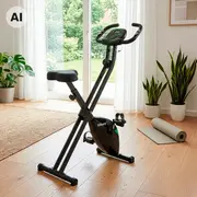 Sammenklappelig sort motionscykel med polstret sæde, justerbart styr, pedaler og kompakt stel til hjemmetræning.