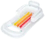Oppustelig pool-liggestol med hvide armlæn, hovedstøtte og flerfarvede striber (gul, orange, rød) på sædet. Har indbygget kopholder og ergonomisk komfortdesign.