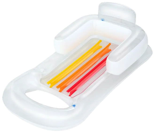 Oppustelig pool-liggestol med hvide armlæn, hovedstøtte og flerfarvede striber (gul, orange, rød) på sædet. Har indbygget kopholder og ergonomisk komfortdesign.