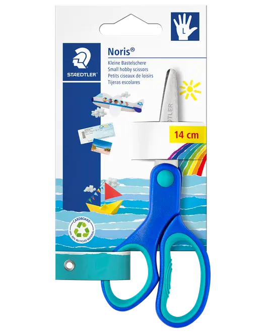 Staedtler Noris liten hobbysax, 14 cm, med blå ergonomiska handtag. Passar för skolbruk. Färgglad förpackning med lekfull design och pennvässare. Miljövänlig förpackning.