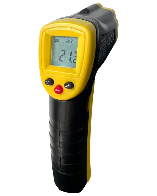 Håndholdt infrarødt termometer med digitalt display, gul og sort krop, tre kontrolknapper og ergonomisk greb. Bruges til kontaktfri temperaturmåling. Viser temperatur i Celsius.