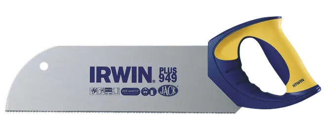 Irwin Plus 949 håndsav med 325 mm stålblad og ergonomisk blå og gul håndtag, designet til præcis savning og komfortabelt greb, velegnet til træarbejde og generel brug.