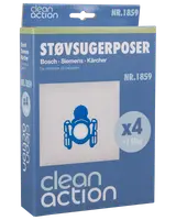 Clean Action støvsugerposer til Bosch, Siemens og Kärcher. Indeholder 4 poser og 1 filter. Modelnummer 1859. Blå og hvid emballage.